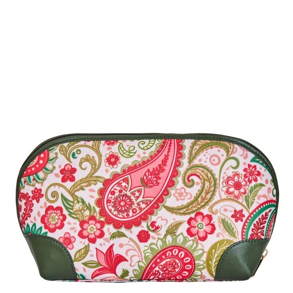 Paisley Print Fabric Cosmetic Pouch Bag for Women, Travel Case with Leather trim - Picture 1 of 8